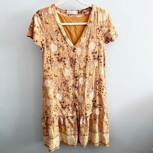 Grace & Co | Boho Floral Button Down Ruffle Dress in Yellow Ochre